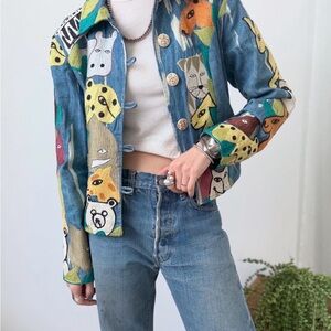 Anage Blue Multi-Color Animal Print Jean Jacket
